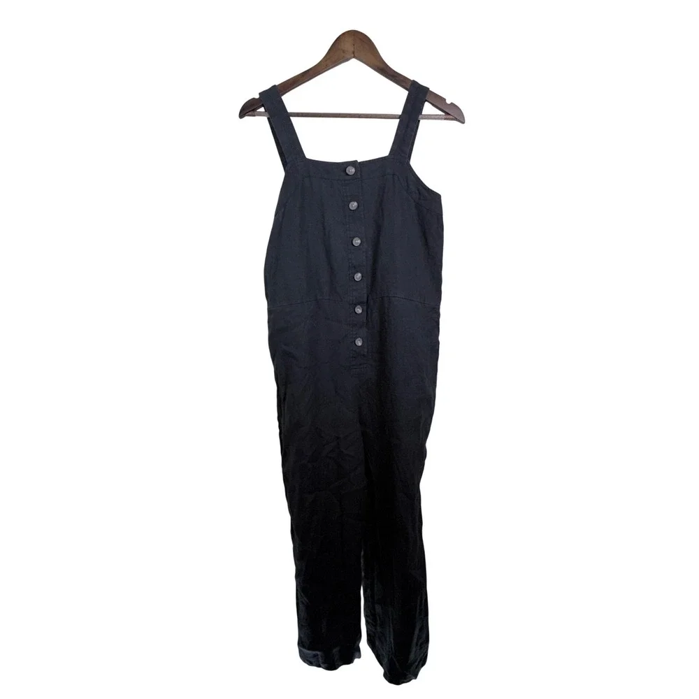 Everlane Black Linen Picnic Jumpsuit Button Front Cropped Wide Leg Size 6